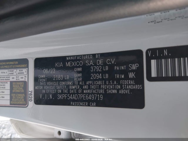 2023 Kia Forte Gt-line მანქანა იყიდება აუქციონზე, vin: 3KPF54AD7PE649719, აუქციონის ნომერი: 44522003