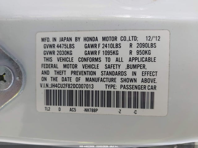 44522008 :رقم المزاد ، JH4CU2F82DC007013 vin ، 2013 Acura Tsx 2.4 مزاد بيع