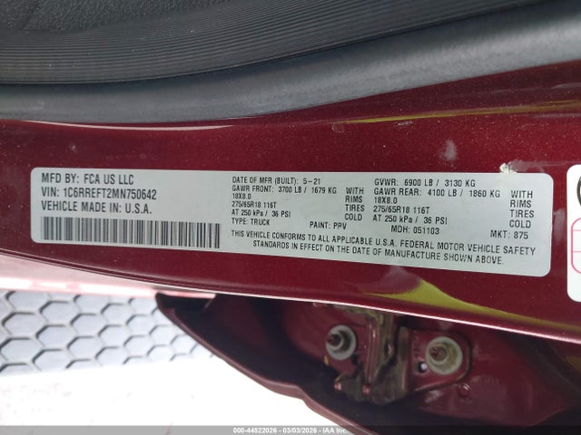 Продаж на аукціоні авто 2021 Ram 1500 Lone Star  4x2 5'7 Box, vin: 1C6RREFT2MN750642, номер лоту: 44522026