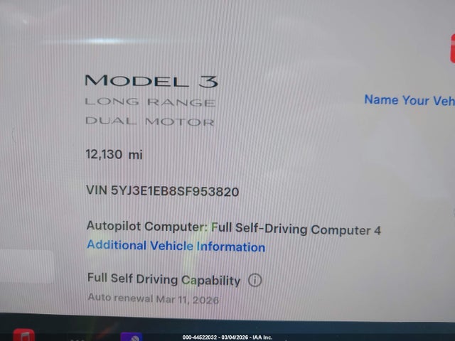 Продажа на аукционе авто 2025 Tesla Model 3 Long Range All-wheel Drive, vin: 5YJ3E1EB8SF953820, номер лота: 44522032