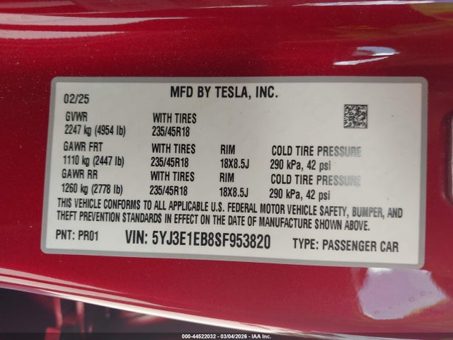 Продажа на аукционе авто 2025 Tesla Model 3 Long Range All-wheel Drive, vin: 5YJ3E1EB8SF953820, номер лота: 44522032