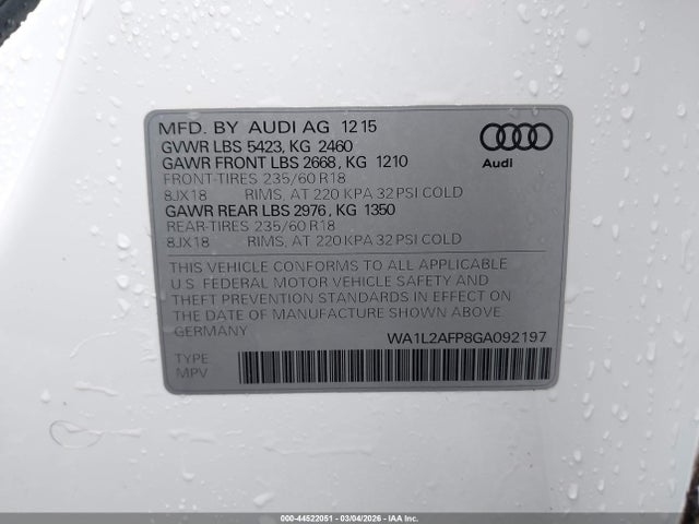 Продаж на аукціоні авто 2016 Audi Q5 2.0t Premium, vin: WA1L2AFP8GA092197, номер лоту: 44522051