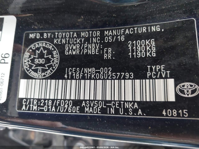 4T1BF1FK0GU257793 Toyota CAMRY LE