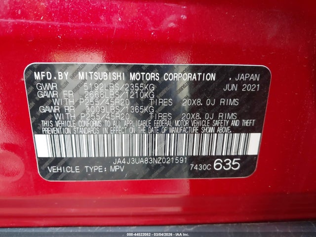 Продаж на аукціоні авто 2022 Mitsubishi Outlander Black Edition 2wd/se 2.5 2wd/se Launch Edition 2wd, vin: JA4J3UA83NZ021591, номер лоту: 44522082