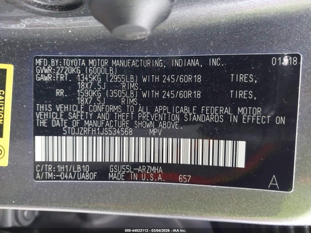 5TDJZRFH1JS534568 Toyota Highlander Xle
