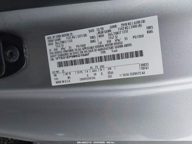 Продажа на аукционе авто 2021 Ford F-150 Xlt, vin: 1FTEX1EP9MKD18447, номер лота: 44522115