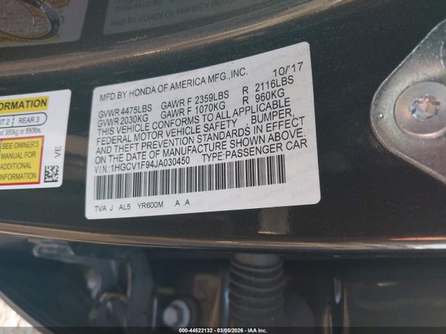 Honda Accord Touring 2018 1HGCV1F94JA030450 Image 9