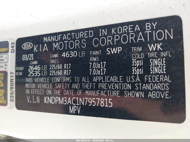 2022 Kia Sportage Lx მანქანა იყიდება აუქციონზე, vin: KNDPM3AC1N7957815, აუქციონის ნომერი: 44522141