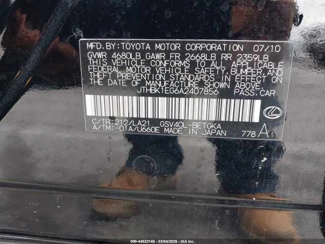 44522148 :رقم المزاد ، JTHBK1EG6A2407856 vin ، 2010 Lexus Es 350 مزاد بيع