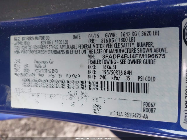 Продаж на аукціоні авто 2015 Ford Fiesta Se, vin: 3FADP4BJ4FM196675, номер лоту: 44522166