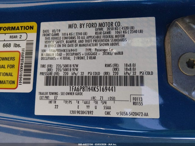 Ford Mustang Ecoboost 2019 1FA6P8TH4K5169441 Image 9