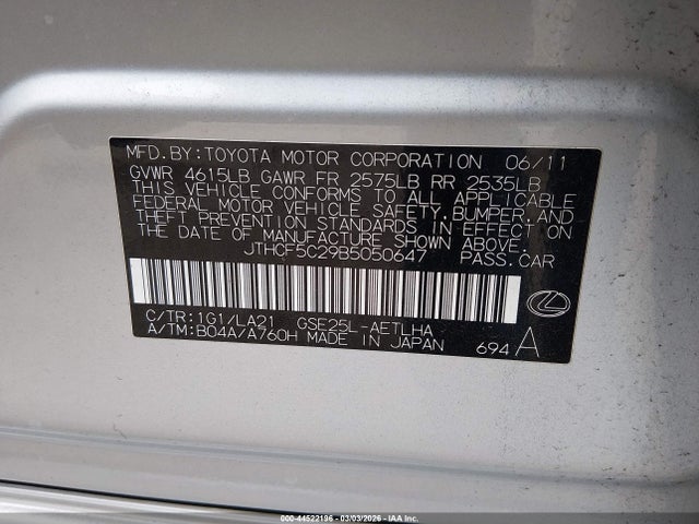 Aukcja sprzedaży 2011 Lexus Is 250, vin: JTHCF5C29B5050647, numer aukcji: 44522196
