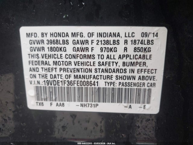 44522203 :رقم المزاد ، 19VDE1F36FE008641 vin ، 2015 Acura Ilx 2.0l مزاد بيع