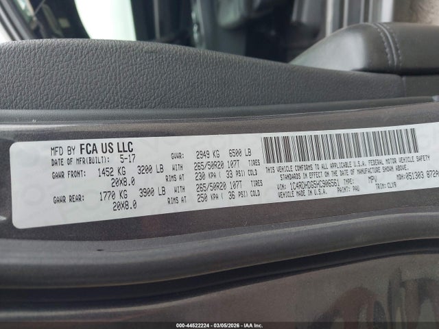 44522224 :رقم المزاد ، 1C4RDHDG5HC906561 vin ، 2017 Dodge Durango Gt Rwd مزاد بيع
