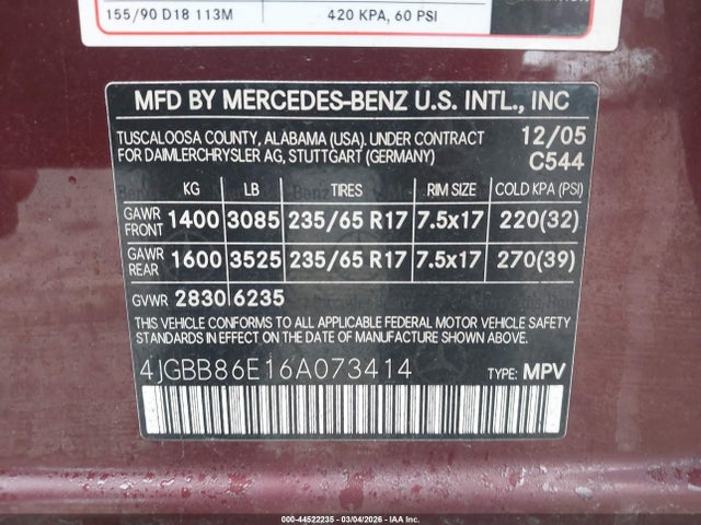 Продаж на аукціоні авто 2006 Mercedes-benz Ml 350 4matic, vin: 4JGBB86E16A073414, номер лоту: 44522235