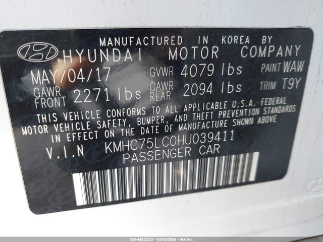 KMHC75LC0HU039411 Hyundai Ioniq Hybrid Sel