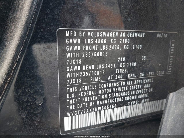 WVGTV7AX2HW505559 Volkswagen Tiguan 2.0t Sport