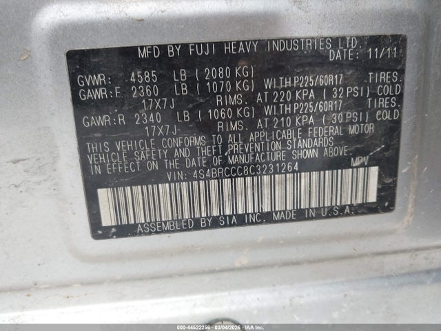 44522256 :رقم المزاد ، 4S4BRCCC8C3231264 vin ، 2012 Subaru Outback 2.5i Premium مزاد بيع