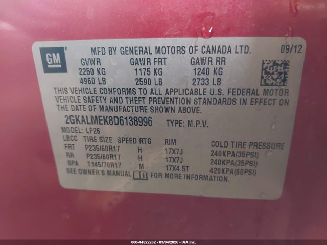 Продаж на аукціоні авто 2013 Gmc Terrain Sle-1, vin: 2GKALMEK8D6138996, номер лоту: 44522262