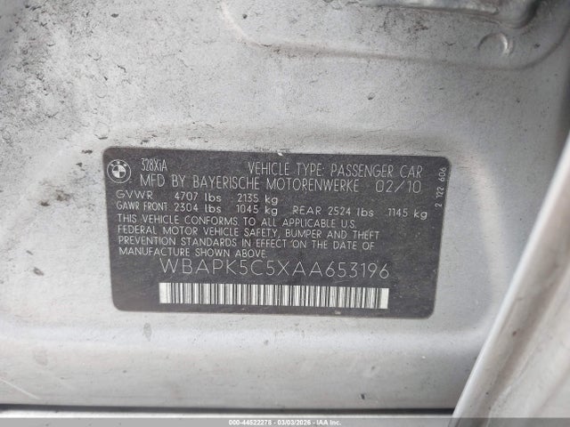 44522278 :رقم المزاد ، WBAPK5C5XAA653196 vin ، 2010 Bmw 328i Xdrive مزاد بيع