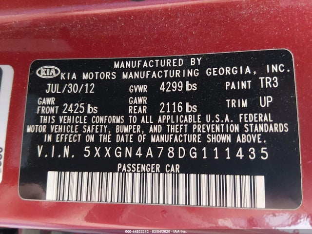 Продаж на аукціоні авто 2013 Kia Optima Ex, vin: 5XXGN4A78DG111435, номер лоту: 44522282