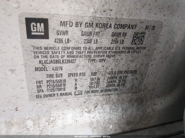 44522301 :رقم المزاد ، KL4CJASB6LB339427 vin ، 2020 Buick Encore Fwd Preferred مزاد بيع