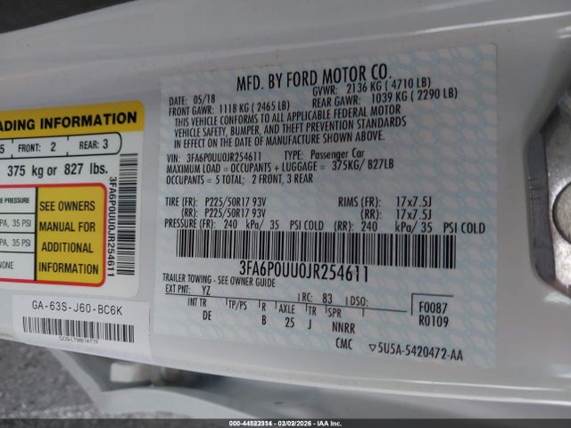 3FA6P0UU0JR254611 Ford Fusion Hybrid S
