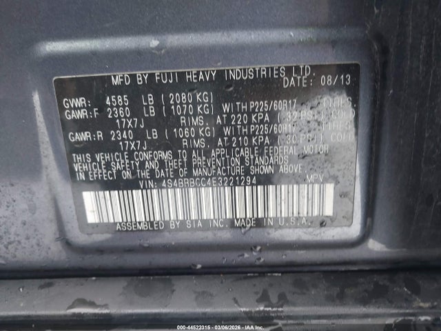 Продаж на аукціоні авто 2014 Subaru Outback 2.5i Premium, vin: 4S4BRBCC4E3221294, номер лоту: 44522315