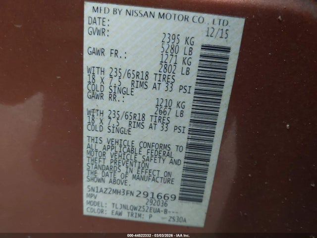 Nissan MURANO SV 2015 5N1AZ2MH3FN291669 Image 9