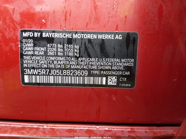 44522343 :رقم المزاد ، 3MW5R7J05L8B23609 vin ، 2020 Bmw 330i Xdrive مزاد بيع