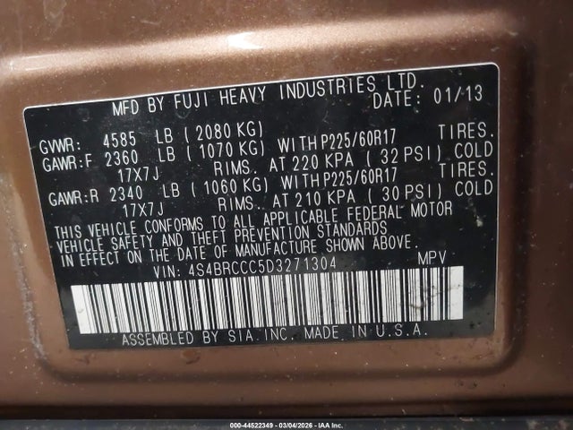44522349 :رقم المزاد ، 4S4BRCCC5D3271304 vin ، 2013 Subaru Outback 2.5i Premium مزاد بيع