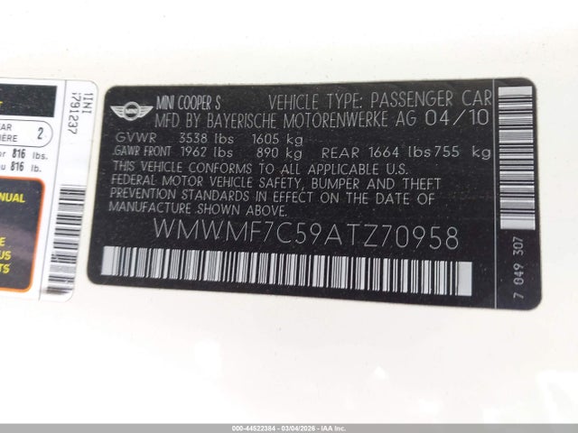 2010 MINI COOPER S WMWMF7C59ATZ70958 Photo 8