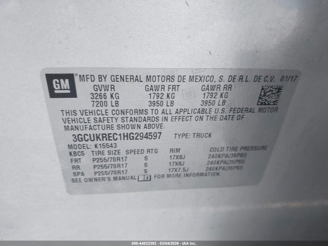 Продажа на аукционе авто 2017 Chevrolet Silverado 1500 1lt, vin: 3GCUKREC1HG294597, номер лота: 44522392