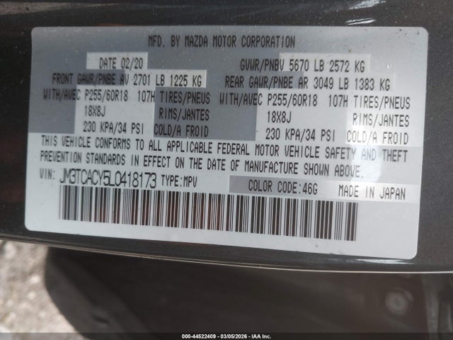 Продаж на аукціоні авто 2020 Mazda Cx-9 Touring, vin: JM3TCACY5L0418173, номер лоту: 44522409