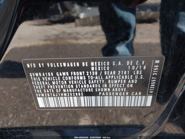 Продаж на аукціоні авто 2017 Volkswagen Jetta 1.4t S, vin: 3VW2B7AJ1HM252882, номер лоту: 44522425