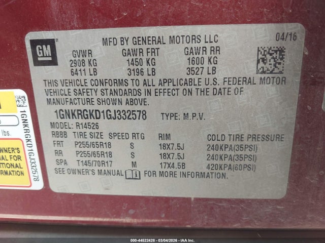 1GNKRGKD1GJ332578 Chevrolet Traverse 1lt