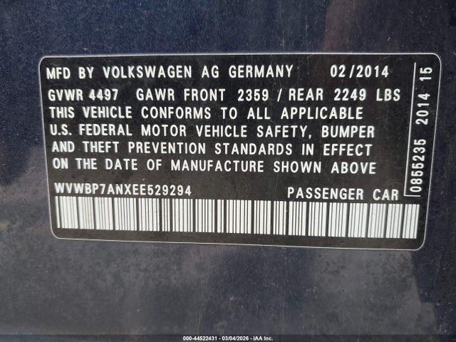 44522431 :رقم المزاد ، WVWBP7ANXEE529294 vin ، 2014 Volkswagen Cc 2.0t R-line مزاد بيع
