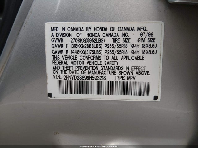 2009 Acura Mdx Sport Package მანქანა იყიდება აუქციონზე, vin: 2HNYD28899H503218, აუქციონის ნომერი: 44522434