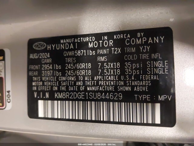 2025 Hyundai Palisade Sel მანქანა იყიდება აუქციონზე, vin: KM8R2DGE1SU844629, აუქციონის ნომერი: 44522440