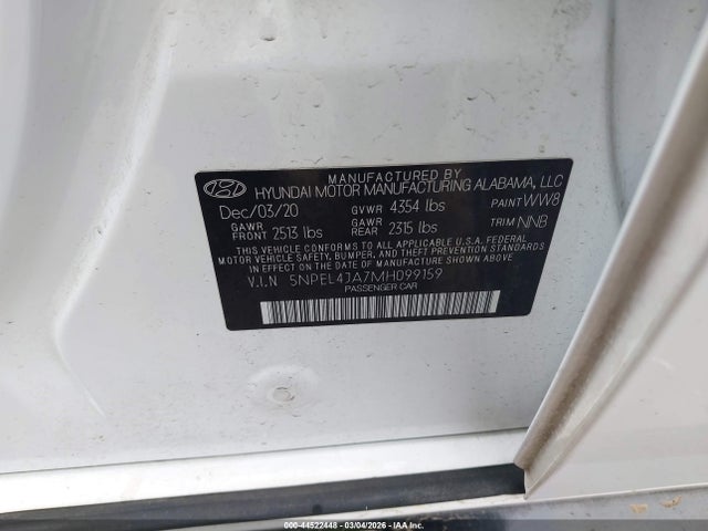 Aukcja sprzedaży 2021 Hyundai Sonata Sel, vin: 5NPEL4JA7MH099159, numer aukcji: 44522448