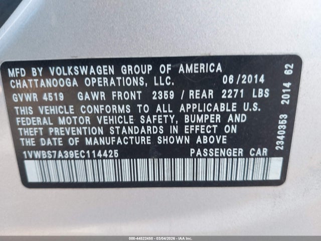 Aukcja sprzedaży 2014 Volkswagen Passat 1.8t Se, vin: 1VWBS7A39EC114425, numer aukcji: 44522450