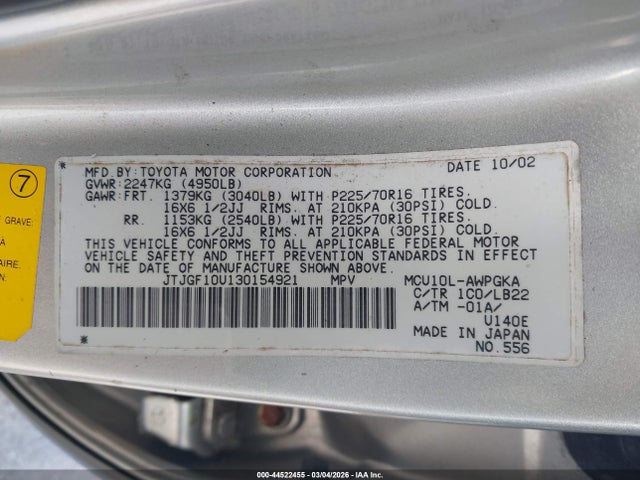Aukcja sprzedaży 2003 Lexus Rx 300, vin: JTJGF10U130154921, numer aukcji: 44522455