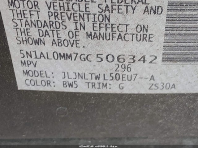 44522461 :رقم المزاد ، 5N1AL0MM7GC506342 vin ، 2016 Infiniti Qx60 مزاد بيع