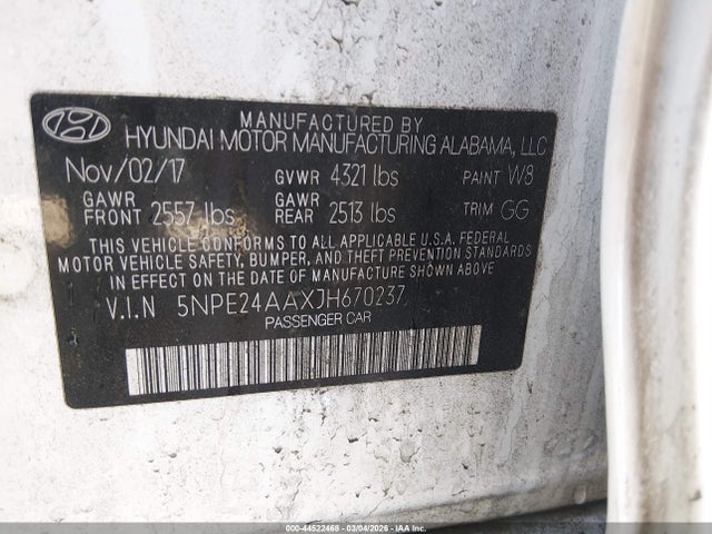 44522468 :رقم المزاد ، 5NPE24AAXJH670237 vin ، 2018 Hyundai Sonata Eco مزاد بيع