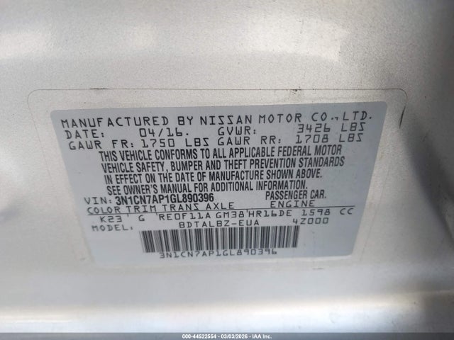 Nissan Versa 1.6 Sv 2016 3N1CN7AP1GL890396 Image 9
