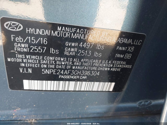 Hyundai Sonata 2016 5NPE24AF3GH396304 Image 9