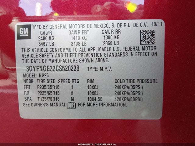 44522576 :رقم المزاد ، 3GYFNGE33CS520238 vin ، 2012 Cadillac Srx Standard مزاد بيع