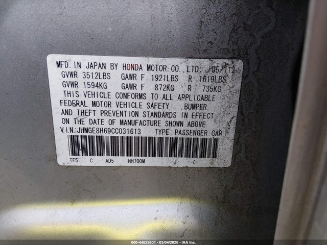 44522601 :رقم المزاد ، JHMGE8H69CC031613 vin ، 2012 Honda Fit Sport مزاد بيع
