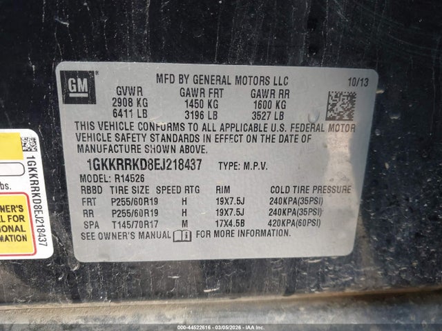 44522616 :رقم المزاد ، 1GKKRRKD8EJ218437 vin ، 2014 Gmc Acadia Slt-1 مزاد بيع