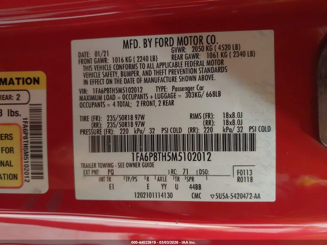 Aukcja sprzedaży 2021 Ford Mustang Ecoboost Premium Fastback, vin: 1FA6P8TH5M5102012, numer aukcji: 44522619